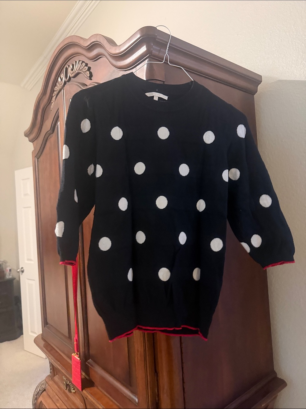 Black Polka Dot Crewneck Sweater with Red Trim